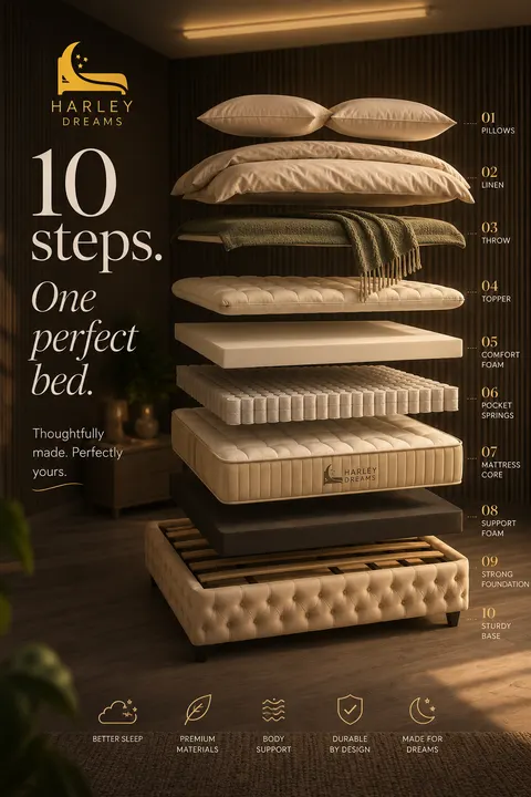 Advertisement, "10 steps, one perfect bed," a mattress layer diagram