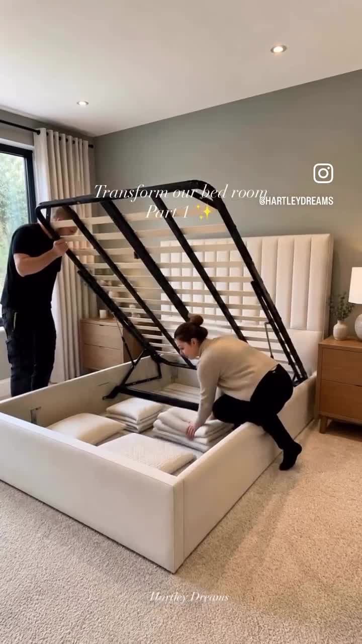 Behind-the-scenes footage, a bed frame being assembled in a showroom