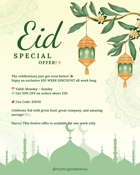 Eid Special Offer graphic with 20% off promo code