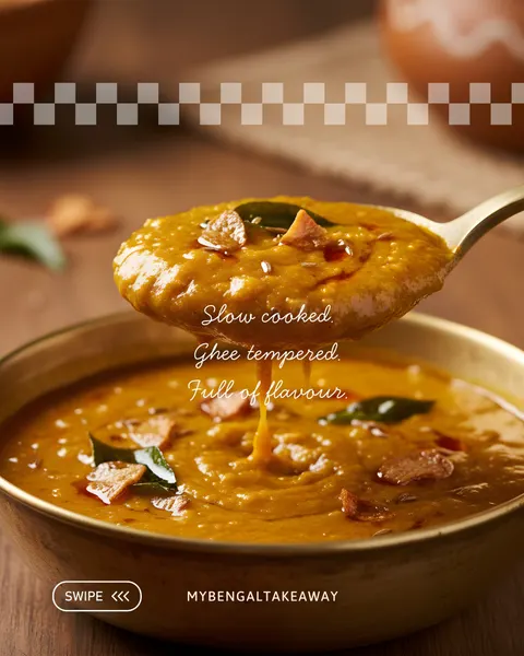 Dal social graphic, "Slow cooked. Ghee tempered. Full of flavour."